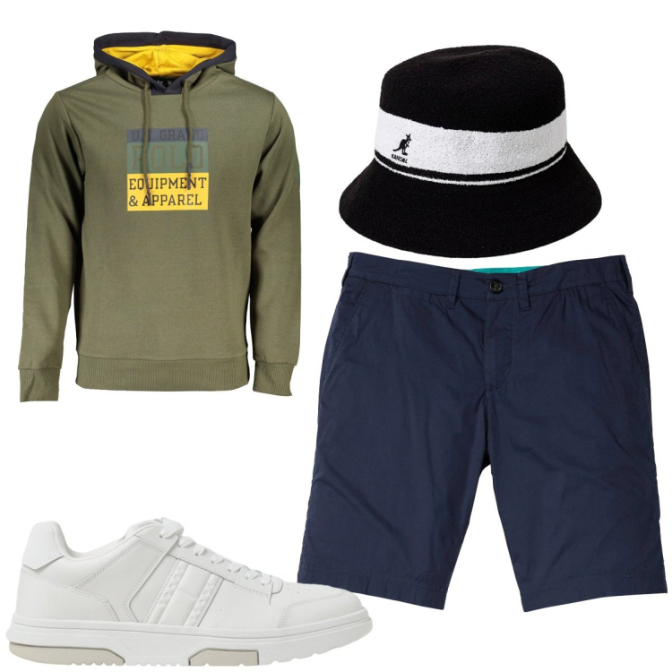 Outfit uomo - Total look #1933336. Stile Trendy per Tutti i giorni. Abbinamento con bermuda, felpe con cappuccio, cappelli, sneakers.