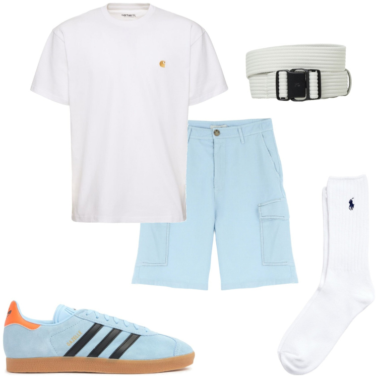 Outfit uomo - Di azzurro cielo. Stile Casual per Tutti i giorni. Abbinamento con bermuda, calzini, cinture, sneakers, t-shirt.