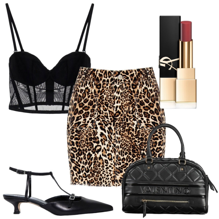 Outfit donna - Dettagli trasparenti , sexy e animalier. Stile Sexy per Serata fuori. Abbinamento con rossetti, gonne, top, sandali col tacco, borse a spalla.
