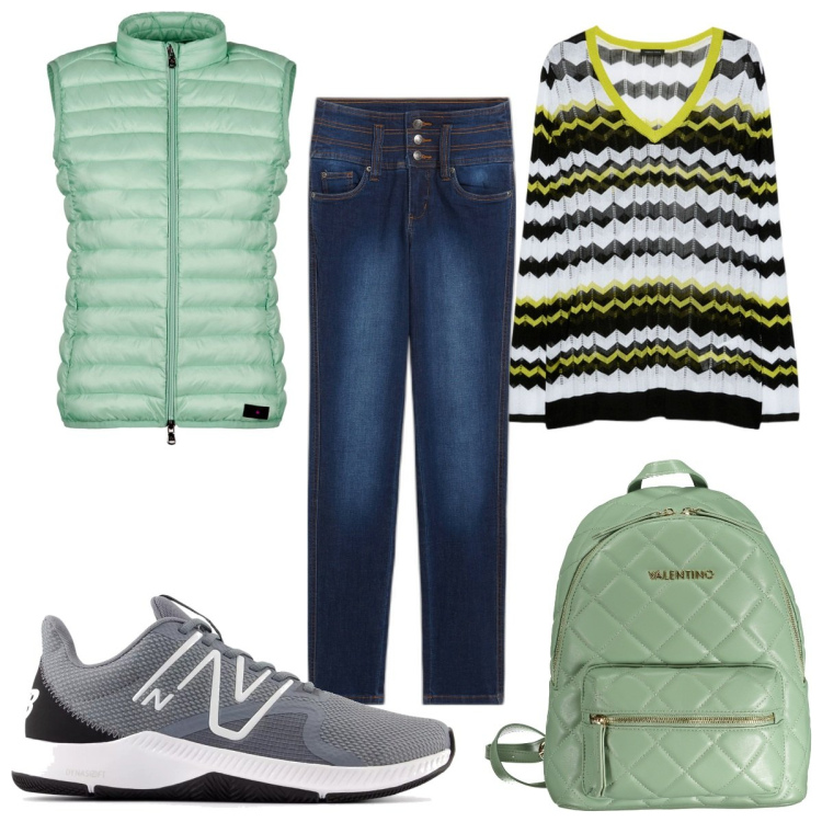 Outfit donna - In montagna con i jeans. Stile Casual per Tutti i giorni. Abbinamento con jeans slim fit, sneakers, piumini, zaini, maglieria.