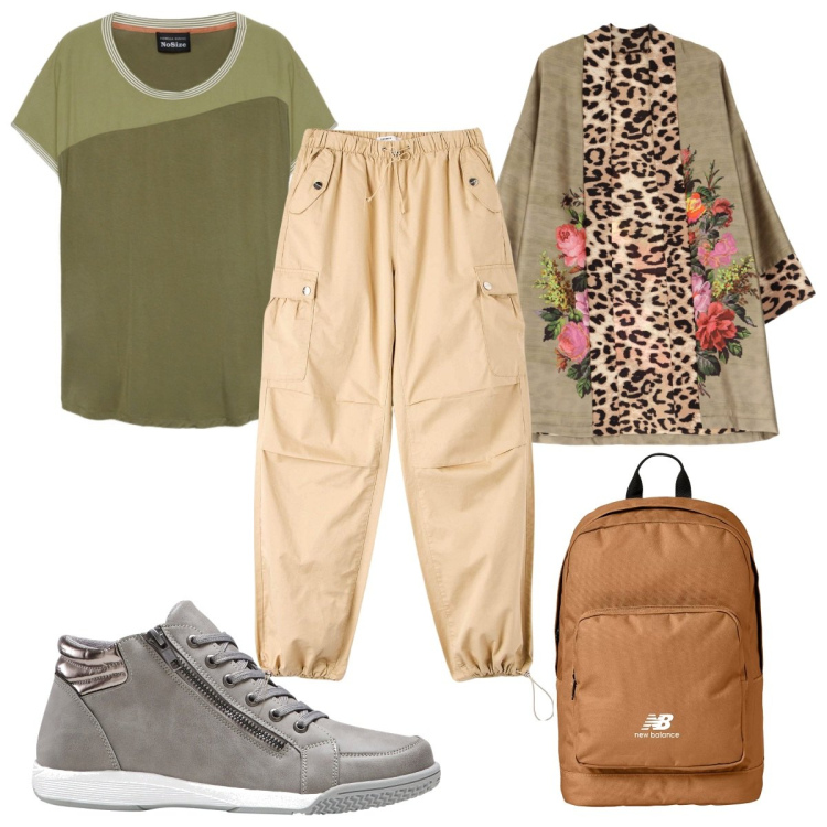 Outfit donna - Fa fresco in montagna. Stile Trendy per Tutti i giorni. Abbinamento con sneakers alte, pantaloni cargo, trench, zaini, t-shirt.