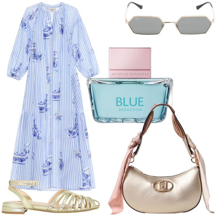 Outfit donna - Vestito lungo fiorato. Stile Casual chic per Tutti i giorni. Abbinamento con profumi, vestiti lunghi, sandali in pelle, borse a spalla, occhiali da sole.