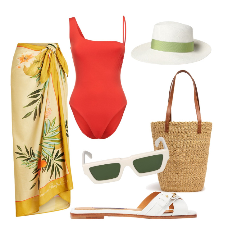 Outfit donna - Al mare. Stile Casual chic per Mare. Abbinamento con sandali col tacco, gonne, costumi interi, cappelli, borse tote, occhiali da sole.