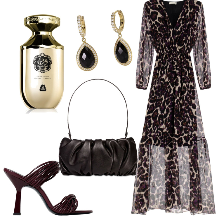 Outfit donna - Dettaglio trasparente. Stile Chic per Serata fuori. Abbinamento con profumi, orecchini, vestiti lunghi, borse a spalla, sandali col tacco.