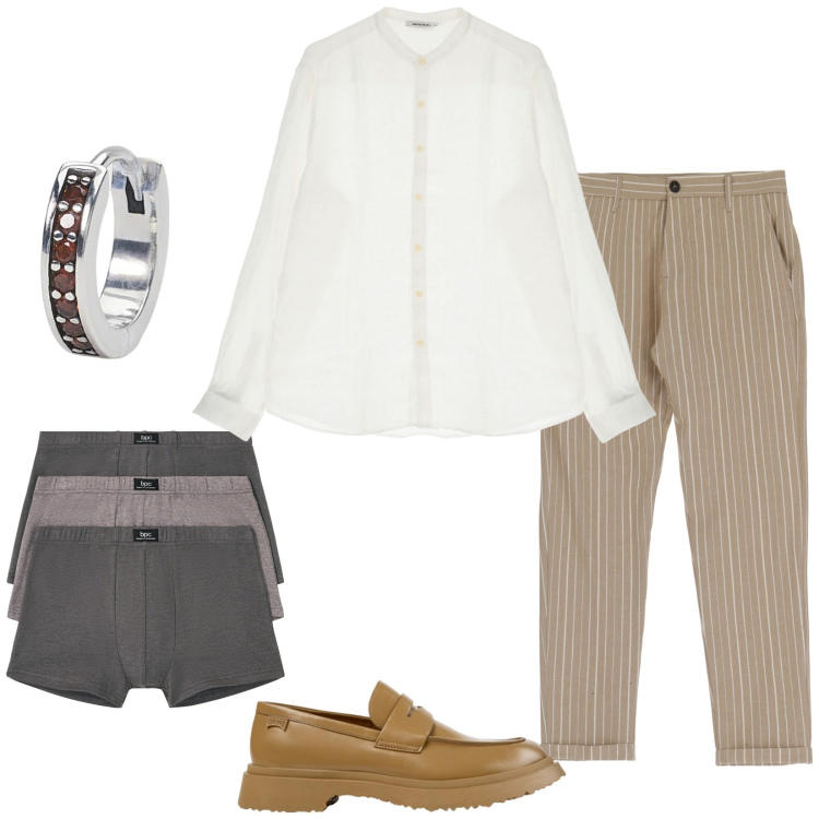 Outfit uomo - Cena romantica. Stile Trendy per Serata speciale. Abbinamento con boxer, orecchini, pantaloni, camicie, scarpe stringate.