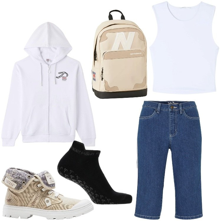 Outfit donna - Alpisella. Stile Basic per Sport. Abbinamento con sneakers alte, bermuda, felpe con cappuccio, canottiere, zaini, calzini.