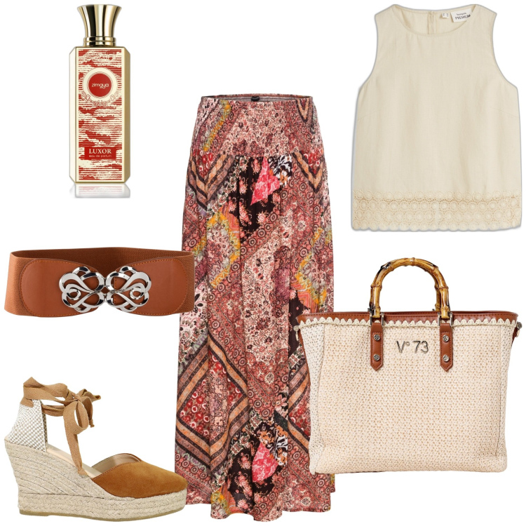 Outfit donna - Andalusia. Stile Etnico per Tutti i giorni. Abbinamento con cinture, gonne, top, profumi, zeppe, borse a mano.