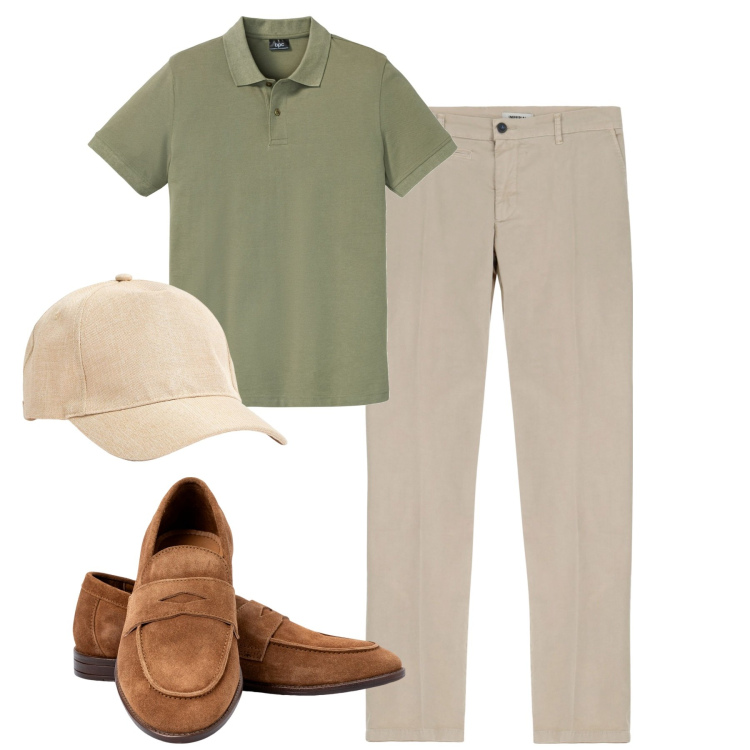 Outfit uomo - Verde salvia e sabbia. Stile Urban per Tutti i giorni. Abbinamento con polo, cappelli, pantaloni, scarpe stringate.