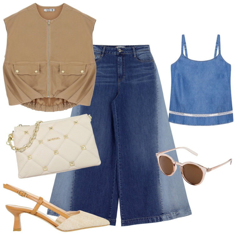 Outfit donna - Per le vie di Bled. Stile Casual chic per Tutti i giorni. Abbinamento con occhiali da sole, jeans, gilet, pochette, sandali col tacco, top.