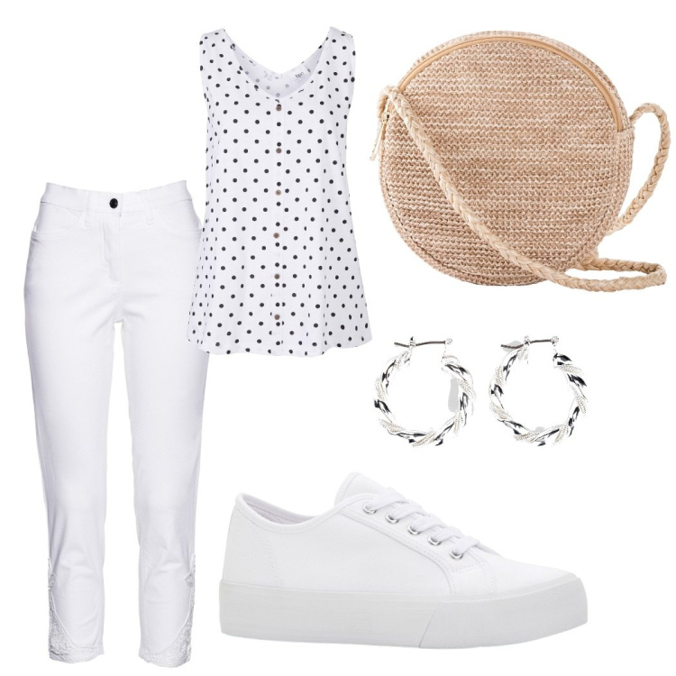 Outfit donna - Passeggiando in vigna. Stile Basic per Tutti i giorni. Abbinamento con sneakers, orecchini, borse a tracolla, top, jeans.