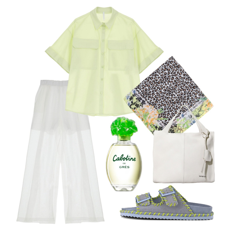 Outfit donna - Dettaglio trasparenza!!!. Stile Casual per Tutti i giorni. Abbinamento con profumi, pantaloni, camicie a manica corta, borse a spalla, sciarpe, sandali.