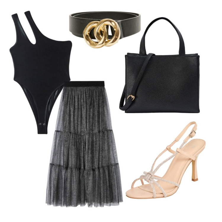 Outfit donna - Disco. Stile Casual chic per Serata fuori. Abbinamento con body, gonne, shopping bag, sandali col tacco, cinture.