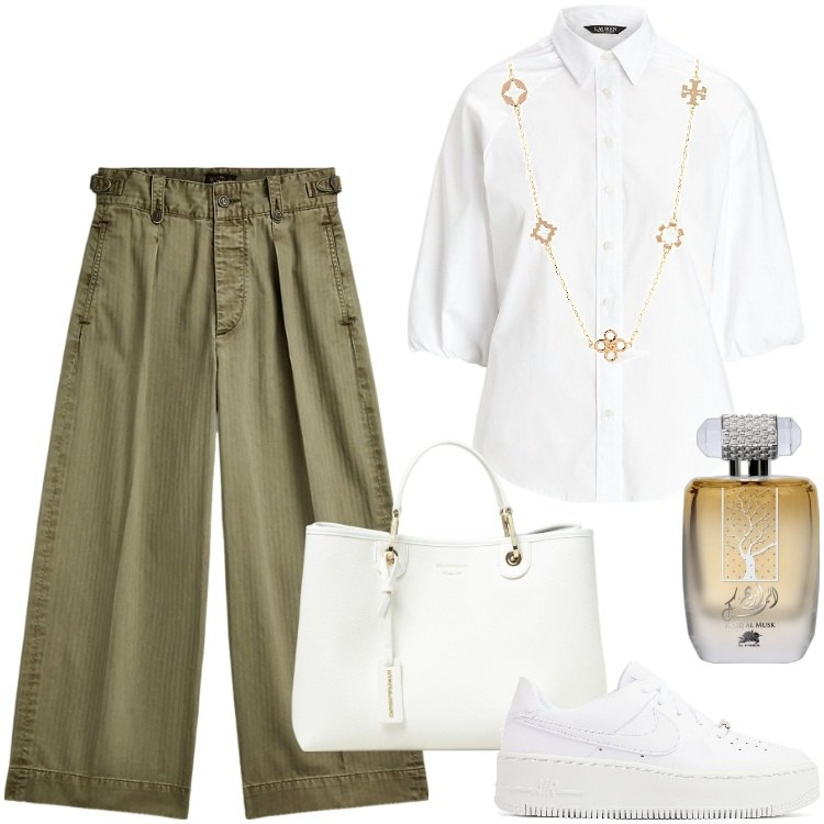 Outfit donna - Total Relax. Stile Sporty chic per Tutti i giorni. Abbinamento con profumi, pantaloni, camicie, sneakers, borse a mano, collane.