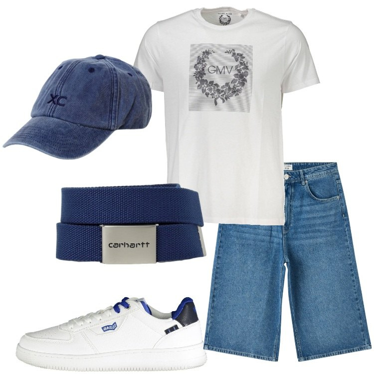 Outfit uomo - Stile casual per l\'estate in città. Stile Casual per Tutti i giorni. Abbinamento con pantaloni corti, t-shirt, cinture, sneakers, cappelli.