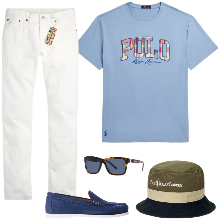 Outfit uomo - In ferie. Stile Trendy per Mare. Abbinamento con scarpe stringate, t-shirt, jeans slim fit, occhiali da sole, cappelli.