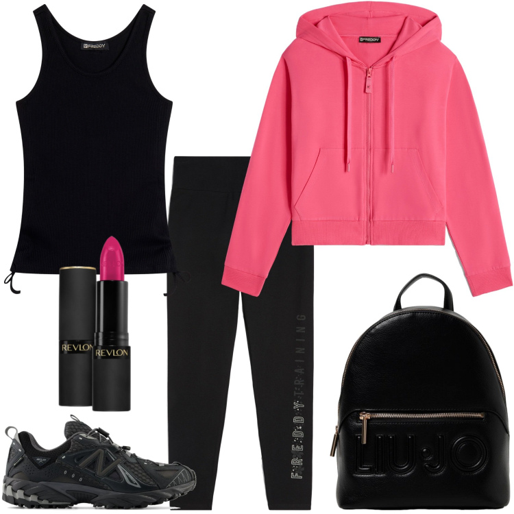 Outfit donna - Escursione in montagna. Stile Basic per Sport. Abbinamento con rossetti, sneakers, felpe sportive, leggings, canottiere, zaini.