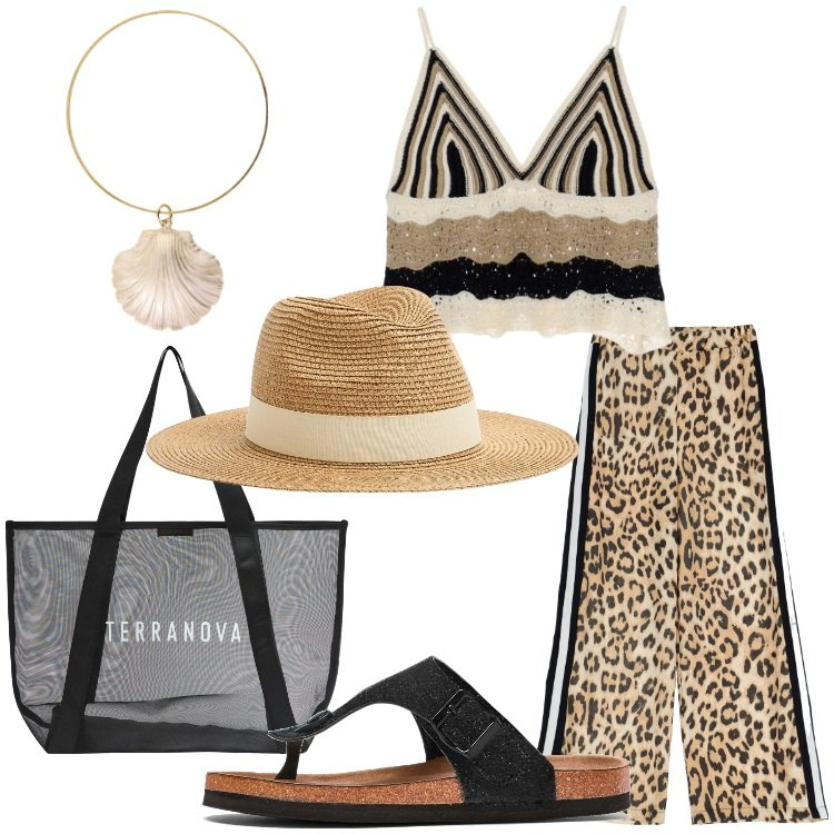 Outfit donna - Accessori estivi. Stile Etnico per Tutti i giorni. Abbinamento con infradito, cappelli, shopping bag, top, pantaloni, braccialetti.