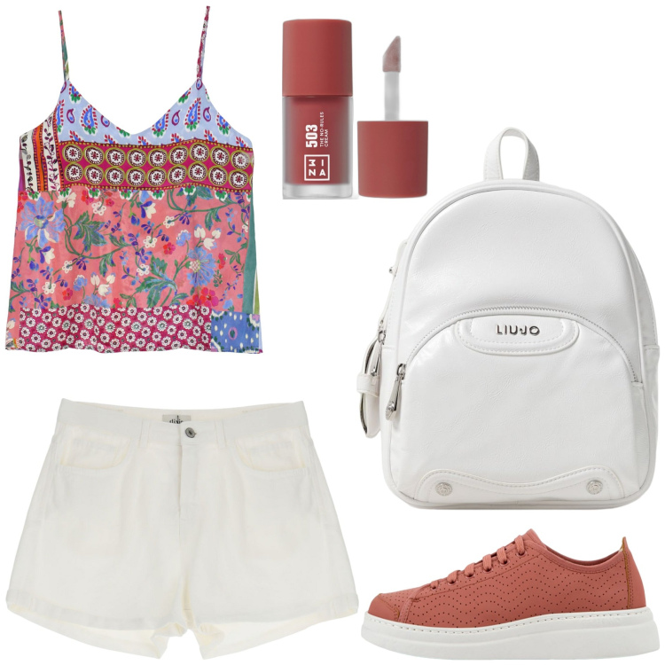 Outfit donna - Lo zaino Liu Jo. Stile Urban per Tutti i giorni. Abbinamento con ombretti, canottiere, shorts, zaini, sneakers.
