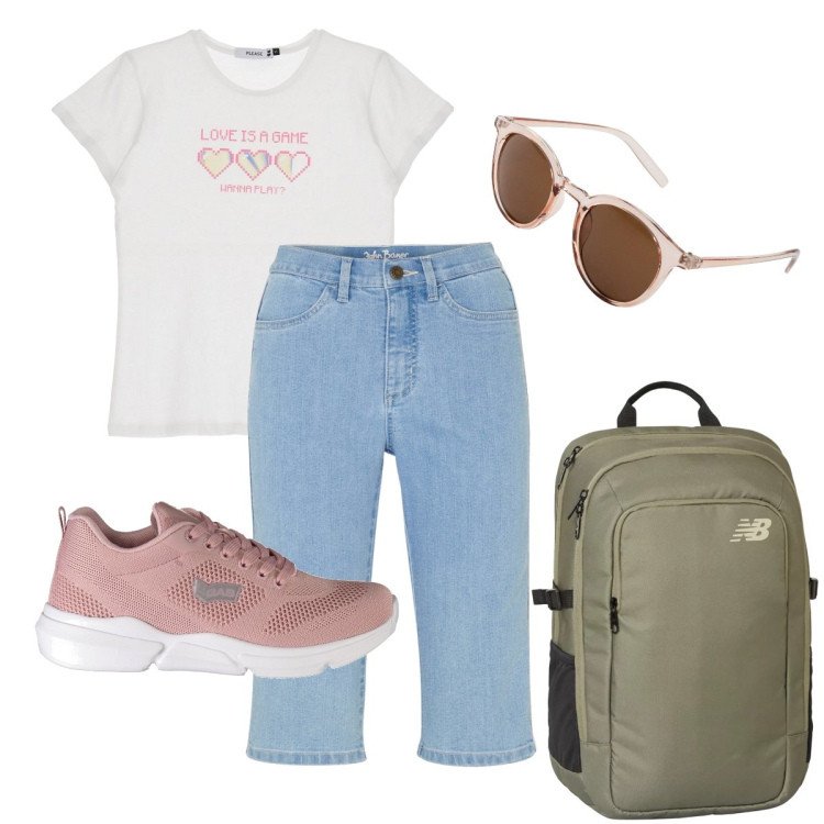 Outfit donna - Pic nic in montagna. Stile Sporty chic per Tutti i giorni. Abbinamento con bermuda, occhiali da sole, zaini, t-shirt, sneakers.