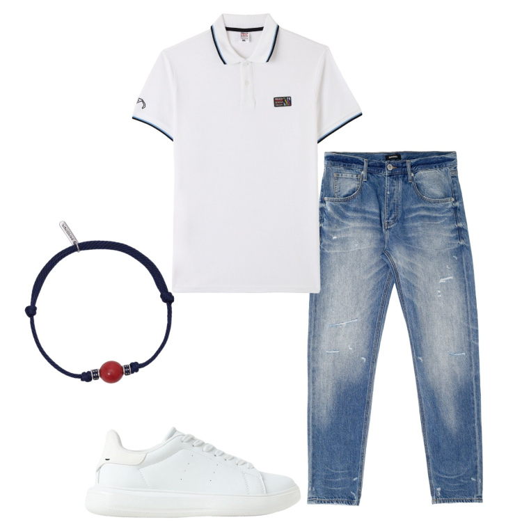 Outfit uomo - Jeans e polo. Stile Casual per Tutti i giorni. Abbinamento con polo, braccialetti, jeans dritti, sneakers.