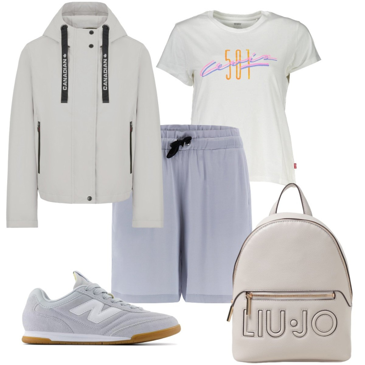 Outfit donna - Vacanza tra i monti. Stile Sporty chic per Tutti i giorni. Abbinamento con sneakers, bermuda, blazer, t-shirt, zaini.