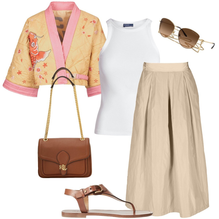Outfit donna - Il blazer imbottito. Stile Trendy per Tutti i giorni. Abbinamento con canottiere, borse a spalla, occhiali da sole, sandali in pelle, kimono, gonne.