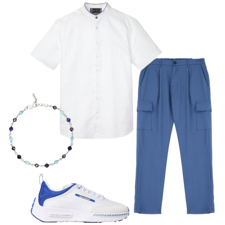 Outfit uomo - Casual chic. Stile Casual per Tutti i giorni. Abbinamento con camicie a manica corta, braccialetti, pantaloni cargo, sneakers.