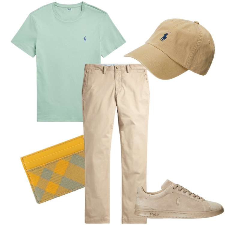 Outfit uomo - Verde salvia e sabbia. Stile Urban per Tutti i giorni. Abbinamento con pantaloni, sneakers, cappelli, t-shirt, portafogli.