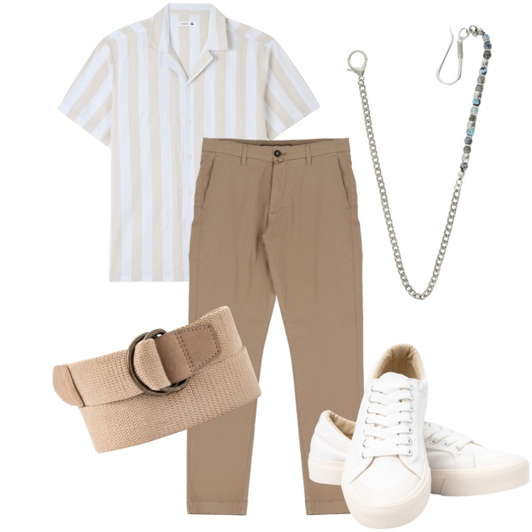 Outfit uomo - Righe verticali. Stile Urban per Tutti i giorni. Abbinamento con camicie a manica corta, pantaloni, collane, sneakers, cinture.