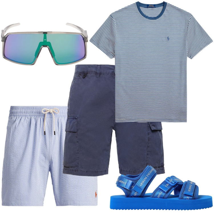 Outfit uomo - Righe su righe. Stile Trendy per Mare. Abbinamento con t-shirt, costumi, shorts, occhiali da sole, sandali.
