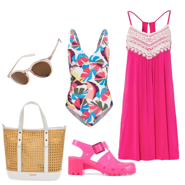 Outfit donna - Total look #1933741. Stile Casual chic per Mare. Abbinamento con occhiali da sole, vestiti, costumi interi, sandali col tacco, borse a spalla.