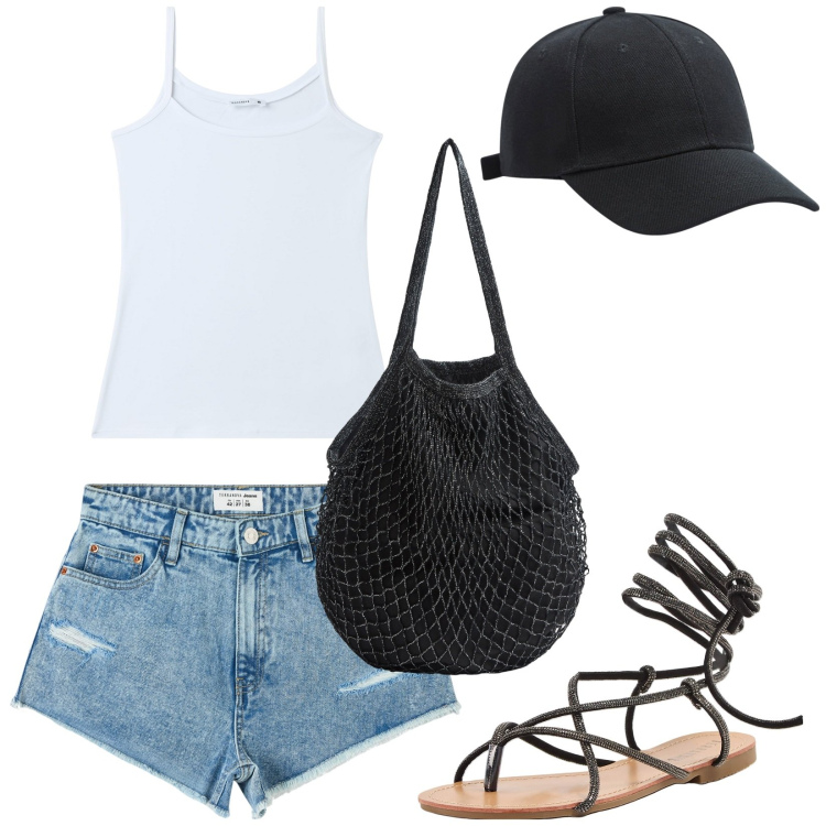 Outfit donna - Lungomare in riviera. Stile Casual per Tutti i giorni. Abbinamento con cappelli, borse a tracolla, top, shorts, sandali alla schiava.