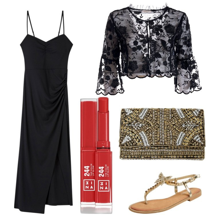 Outfit donna - Tribale. Stile Boho per Serata fuori. Abbinamento con rossetti, vestiti lunghi, sandali gioiello, blazer, pochette.