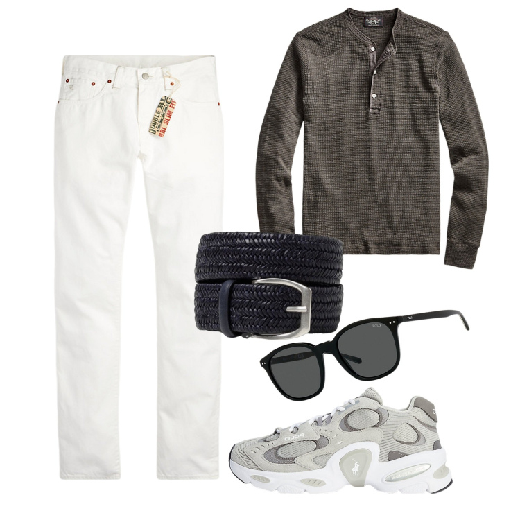 Outfit uomo - Sera di fine estate. Stile Casual per Serata speciale. Abbinamento con t-shirt, occhiali da sole, jeans slim fit, sneakers, cinture.