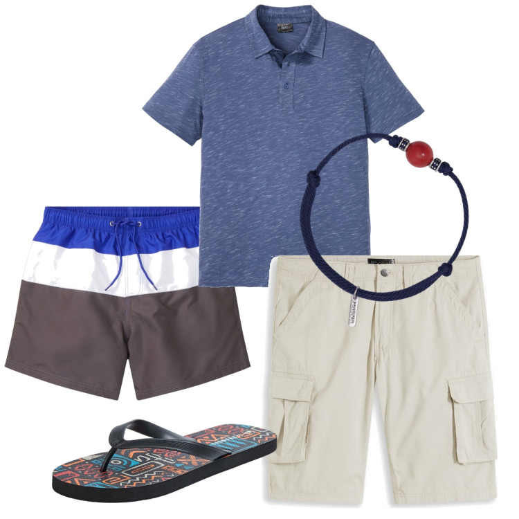 Outfit uomo - L\'ultima spiaggia. Stile Casual per Mare. Abbinamento con polo, bermuda, costumi, braccialetti, sandali.