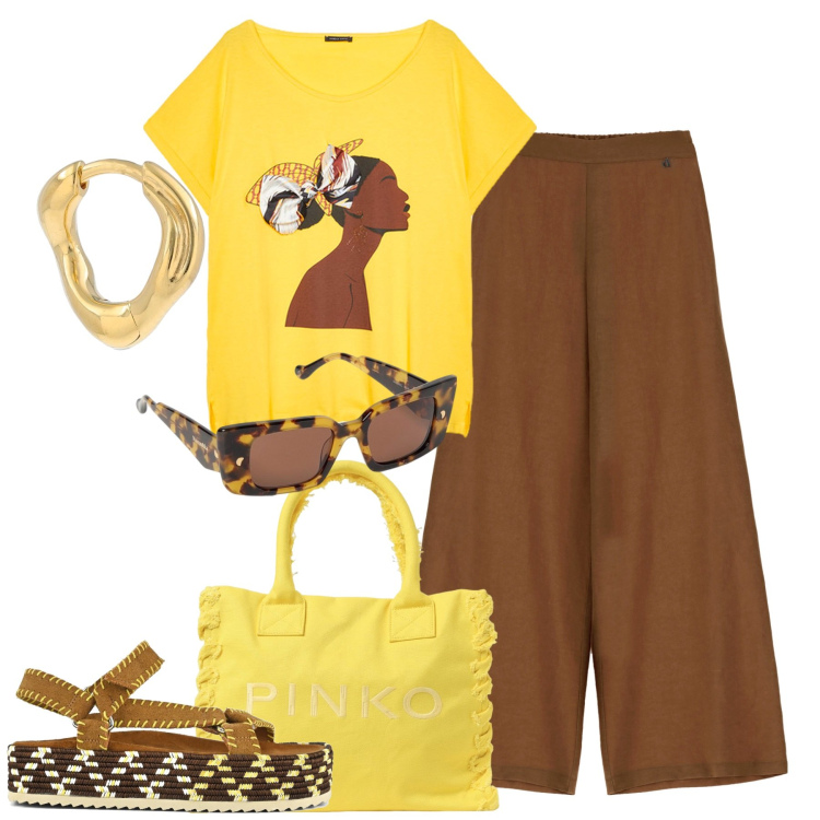 Outfit donna - Indispensabili occhiali da sole. Stile Casual chic per Tutti i giorni. Abbinamento con pantaloni a palazzo, sandali, t-shirt, borse tote, orecchini, occhiali da sole.