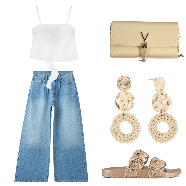 Outfit donna - Giro in città. Stile Casual per Tutti i giorni. Abbinamento con orecchini, jeans, top, ciabatte, borse a mano.