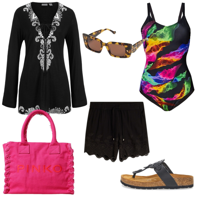 Outfit donna - Costume fiammeggiato in multicolor. Stile Chic per Mare. Abbinamento con costumi interi, vestiti da spiaggia, shorts, infradito, borse tote, occhiali da sole.
