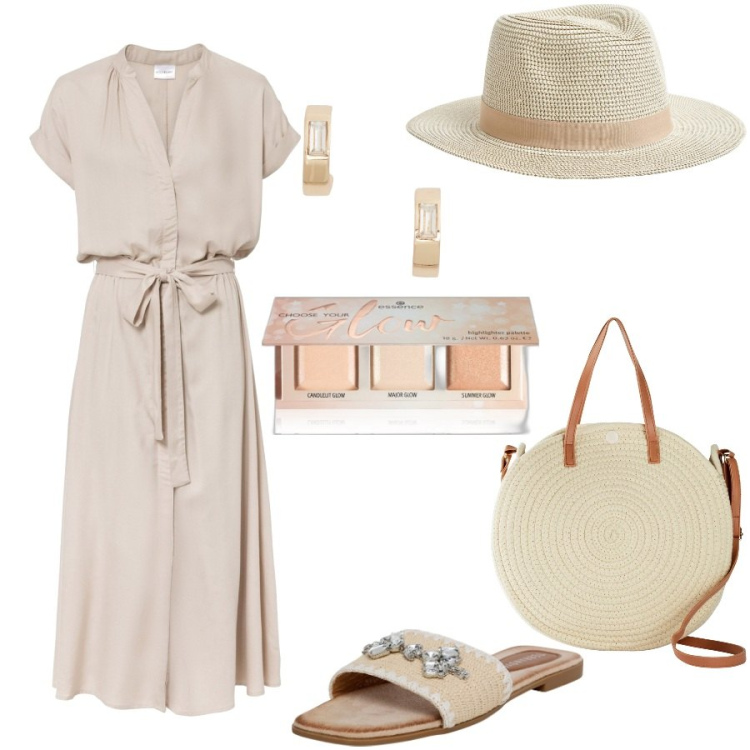 Outfit donna - Total look #1933852. Stile Casual chic per Tutti i giorni. Abbinamento con vestiti chemisier, borse a tracolla, blush, ciabatte, cappelli, orecchini.