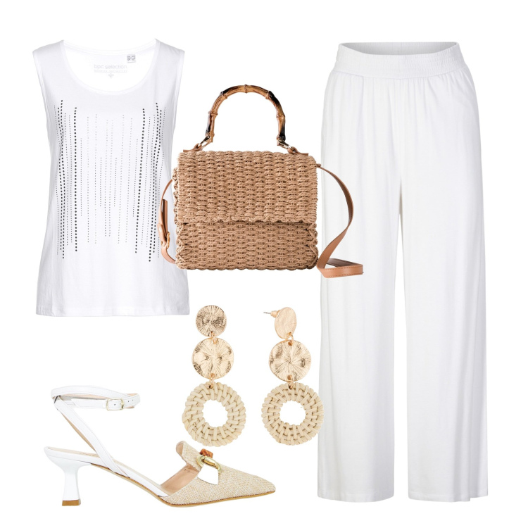 Outfit donna - Confort. Stile Casual chic per Tutti i giorni. Abbinamento con pantaloni, top, borse a mano, orecchini, sandali col tacco.