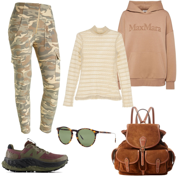 Outfit donna - Tra i sentieri della Val di Gares. Stile Urban per Tutti i giorni. Abbinamento con sneakers, pantaloni cargo, t-shirt, zaini, occhiali da sole, felpe con cappuccio.