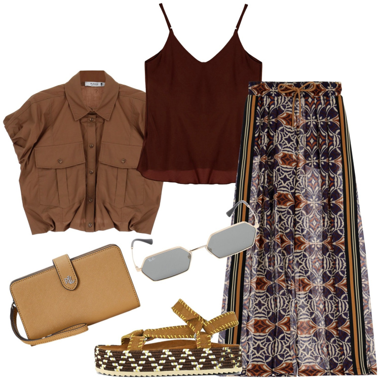 Outfit donna - Total look #1933866. Stile Casual chic per Tutti i giorni. Abbinamento con camicie, pantaloni a palazzo, canottiere, pochette, sandali, occhiali da sole.