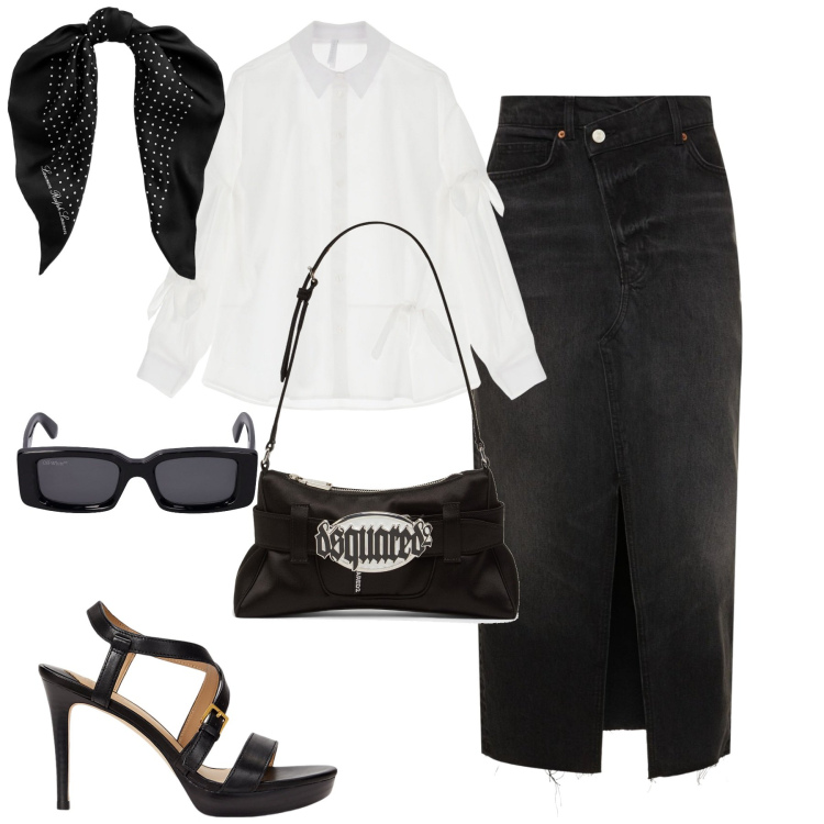 Outfit donna - Street wear. Stile Casual chic per Tutti i giorni. Abbinamento con camicie, foulard, sandali in pelle, gonne, occhiali da sole, pochette.