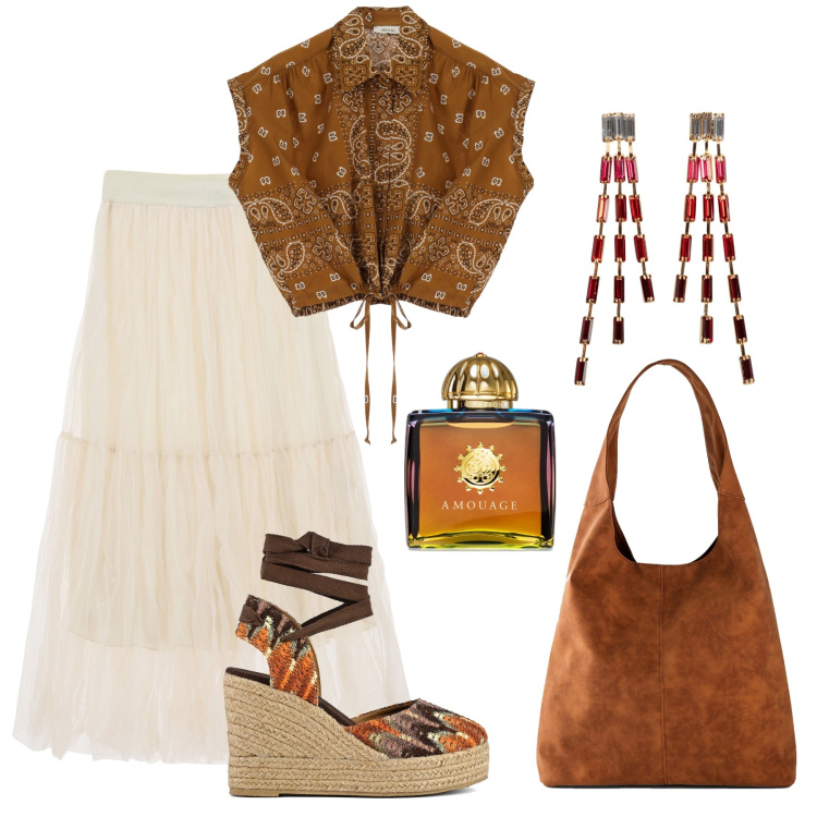 Outfit donna - Vacanze in Spagna. Stile Etnico per Tutti i giorni. Abbinamento con shopping bag, orecchini, profumi, gonne longuette, camicie a manica corta, sandali col tacco.