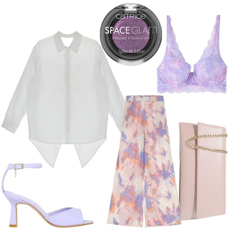 Outfit donna - Trasparenze lilla. Stile Chic per Serata fuori. Abbinamento con ombretti, reggiseni, décolleté, pantaloni, pochette, camicie.