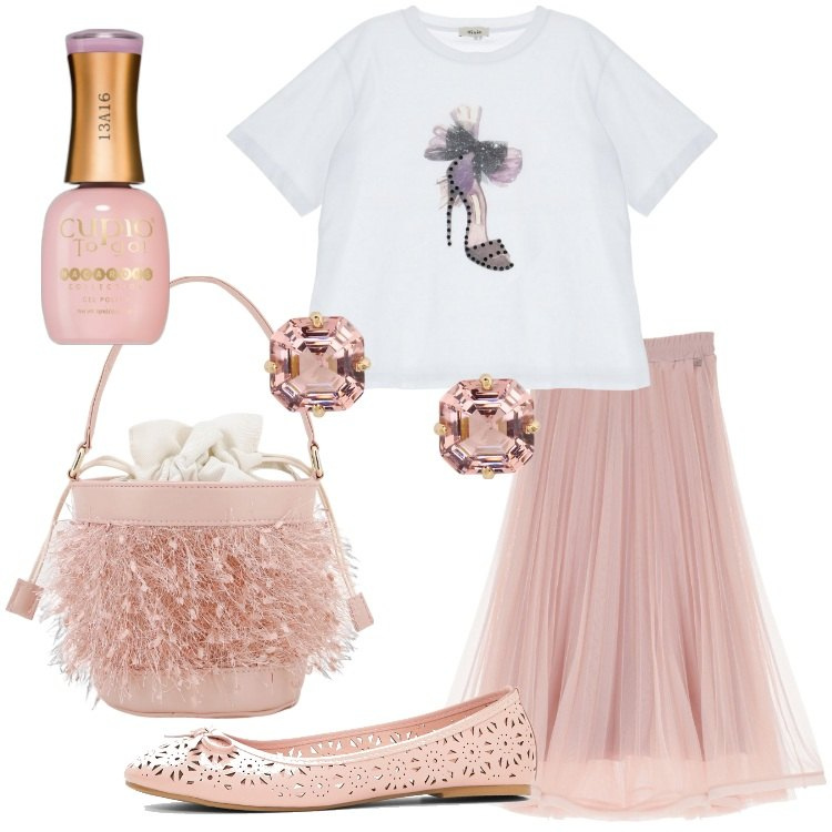 Outfit donna - Mood romantico. Stile Romantica per Serata fuori. Abbinamento con ballerine, smalti, gonne lunghe, t-shirt, borse a secchiello, orecchini.