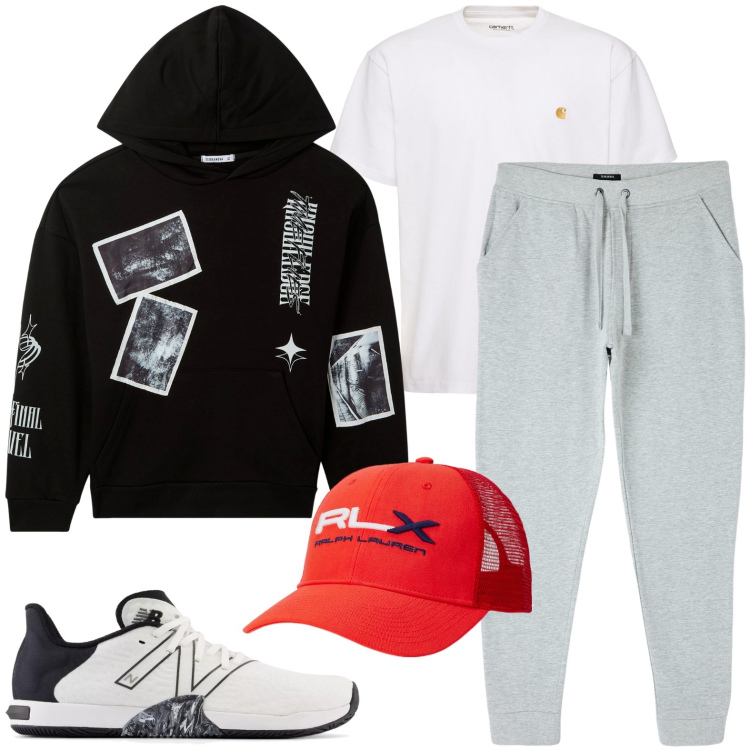 Outfit uomo - Ragazzo sportivo. Stile Casual per Sport. Abbinamento con felpe con cappuccio, pantaloni sportivi, sneakers, cappelli, t-shirt.