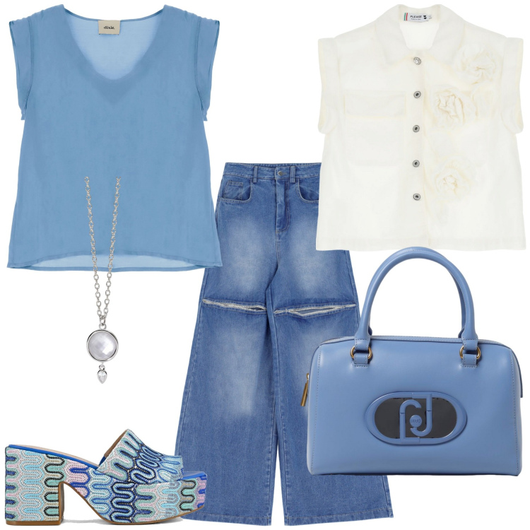 Outfit donna - Moooolto trendy. Stile Trendy per Tutti i giorni. Abbinamento con collane, gilet, canottiere, jeans, sabot, borse a mano.