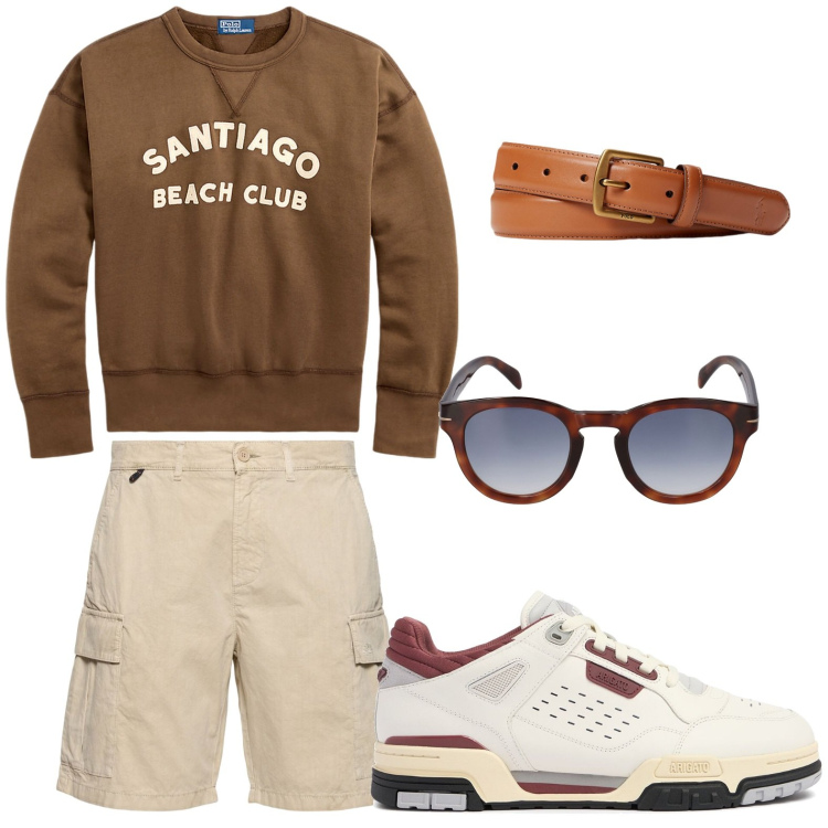 Outfit uomo - Al circolo sportivo. Stile Casual per Tutti i giorni. Abbinamento con cinture, felpe, occhiali da sole, shorts, sneakers.