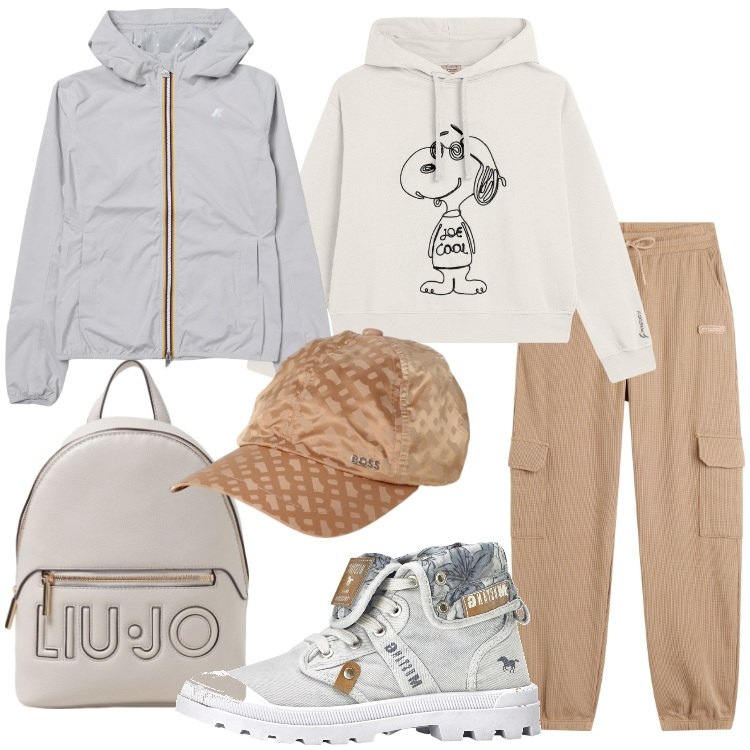Outfit donna - Una gita in alta quota. Stile Casual per Tutti i giorni. Abbinamento con sneakers alte, pantaloni sportivi, felpe con cappuccio, blazer, zaini, cappelli.